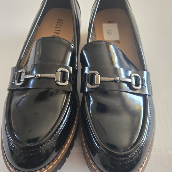 Jellypop Women's Black Patent Lug Sole Loafers Chunky Heel Bit Detail Size 10 - Picture 6 of 10